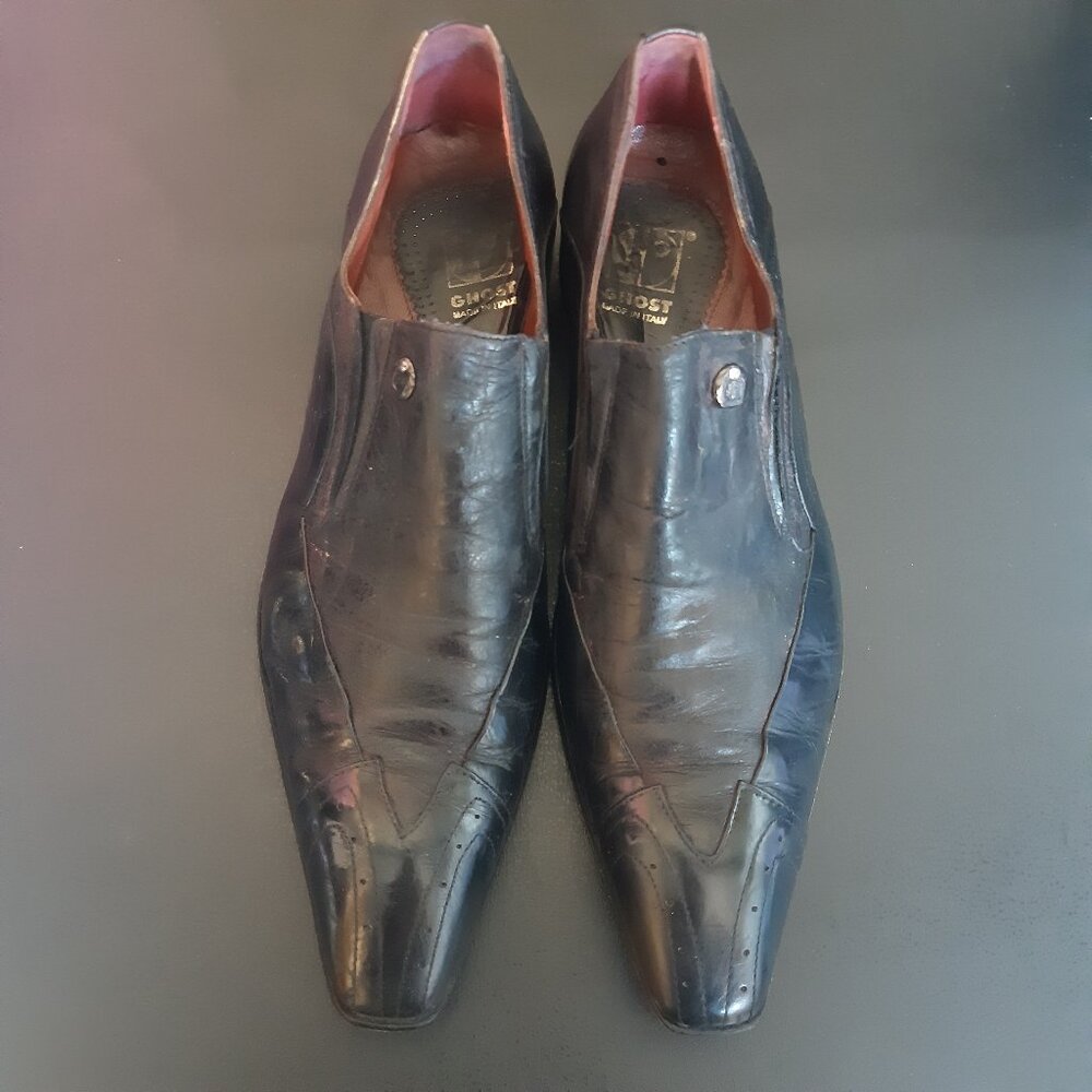 Jo Ghost Black Leather Vintage Loafers SZ 42 Long Square End Toe Made In Italy - Picture 2 of 14